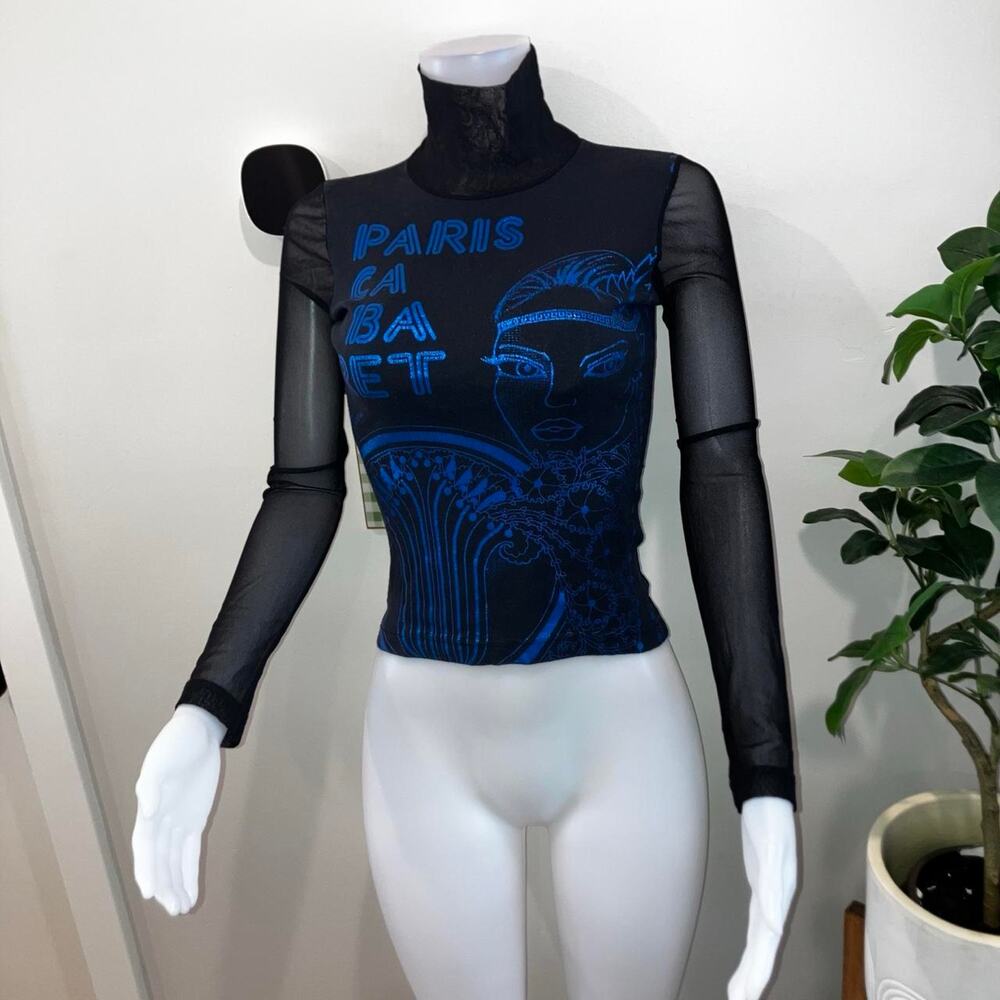Vintage 90s y2k graphic face print euro french mesh turtleneck - Picture 2 of 7